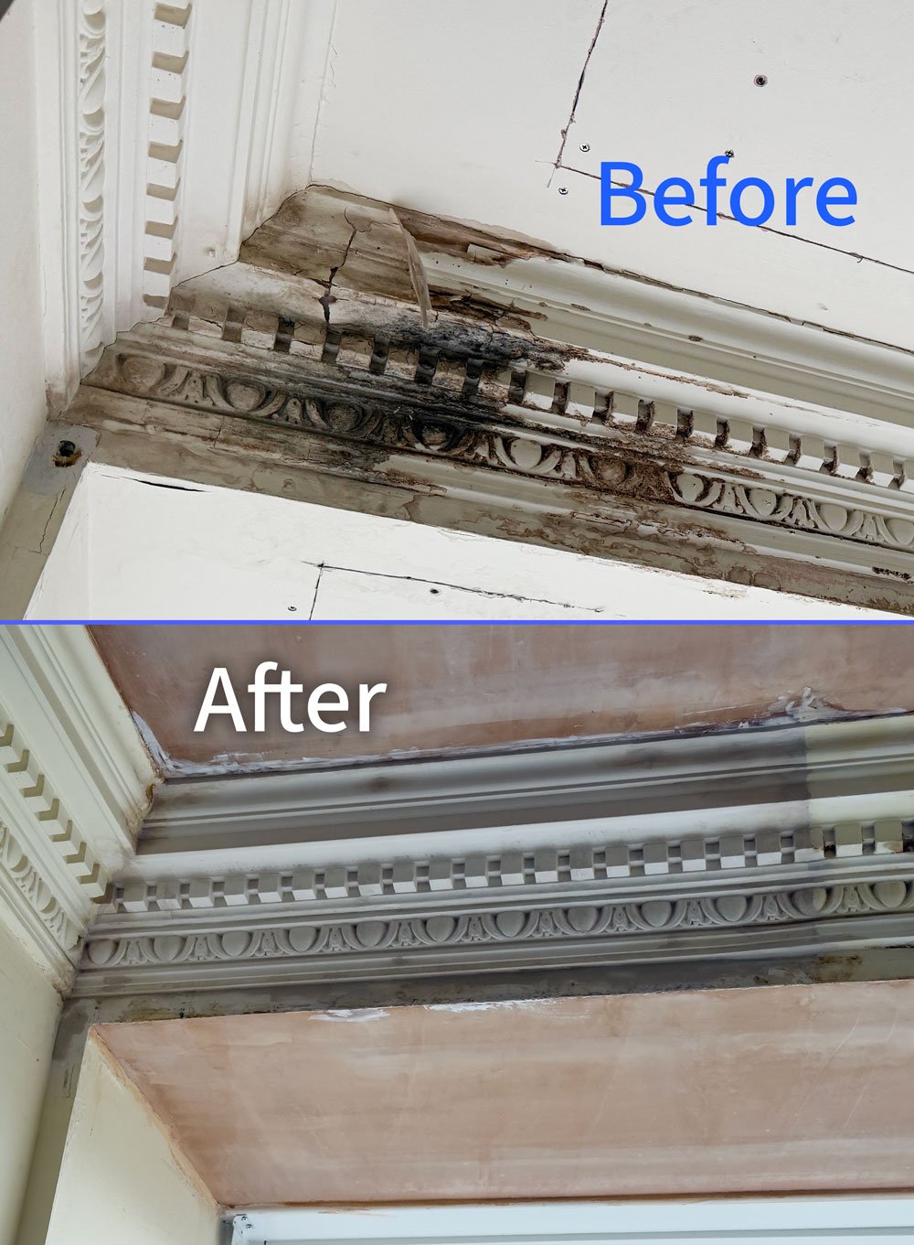 Before and after cornice repair